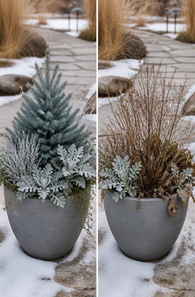 A winter container garden featuring a simple color theme of silver and blue.