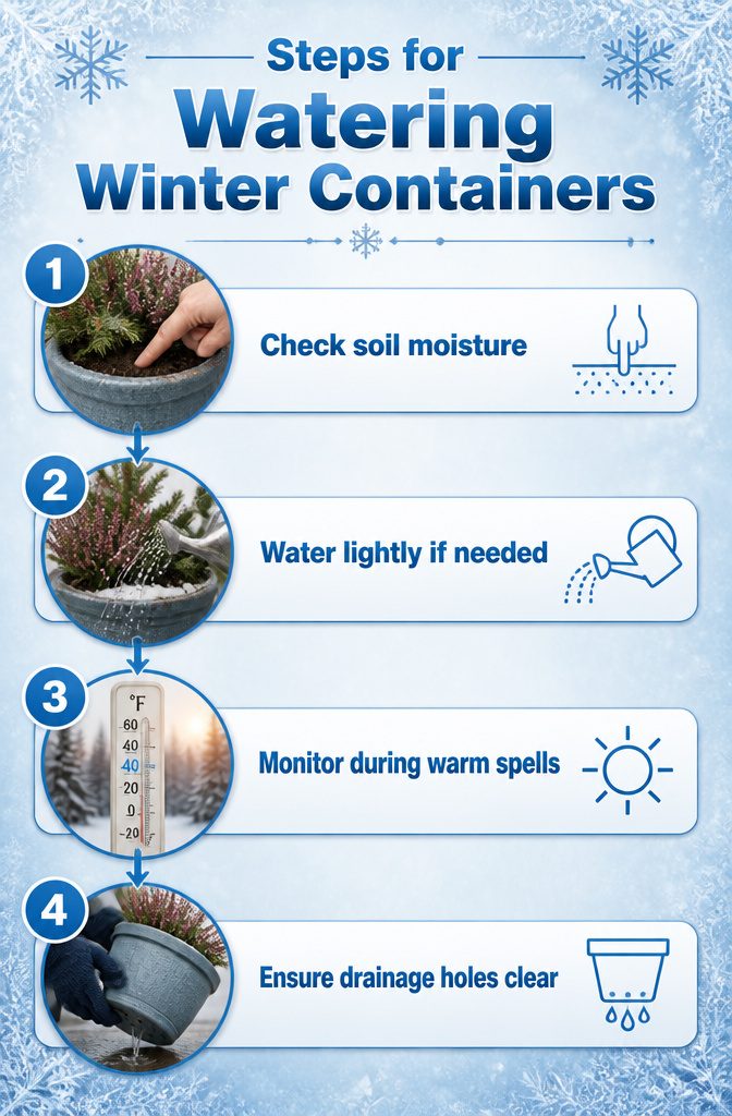 An infographic outlining steps for watering winter containers.