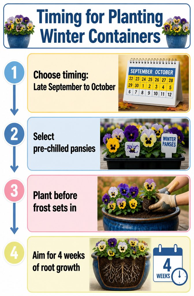 An infographic detailing the timing for planting winter containers.