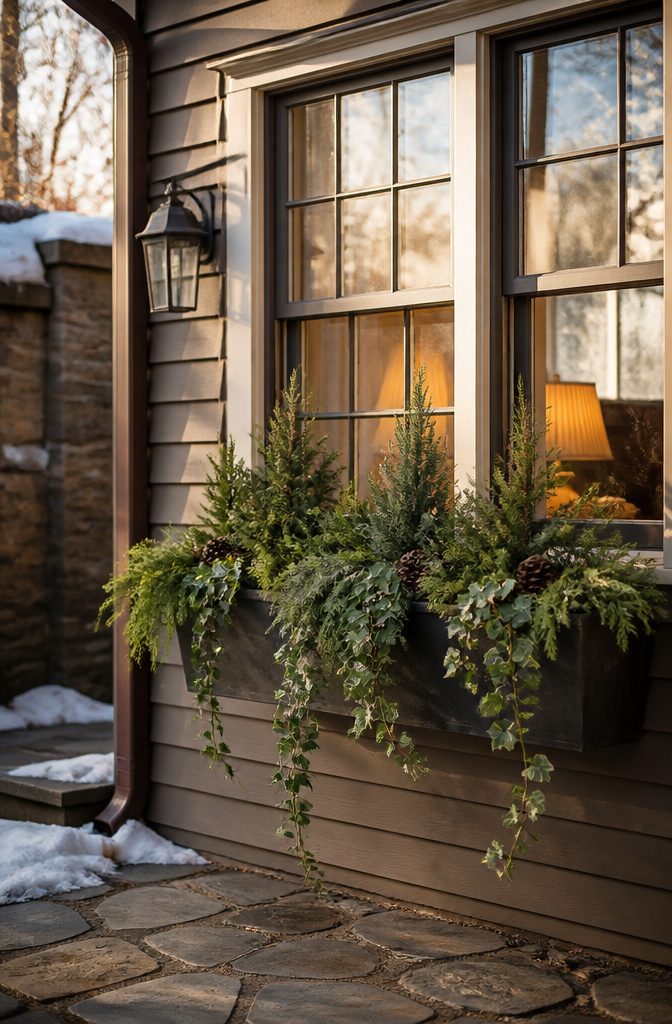 A window box filled with winter plants arranged for visibility from inside.