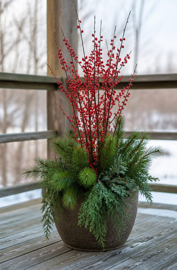 Branches of winterberry holly with red berries on bare stems.