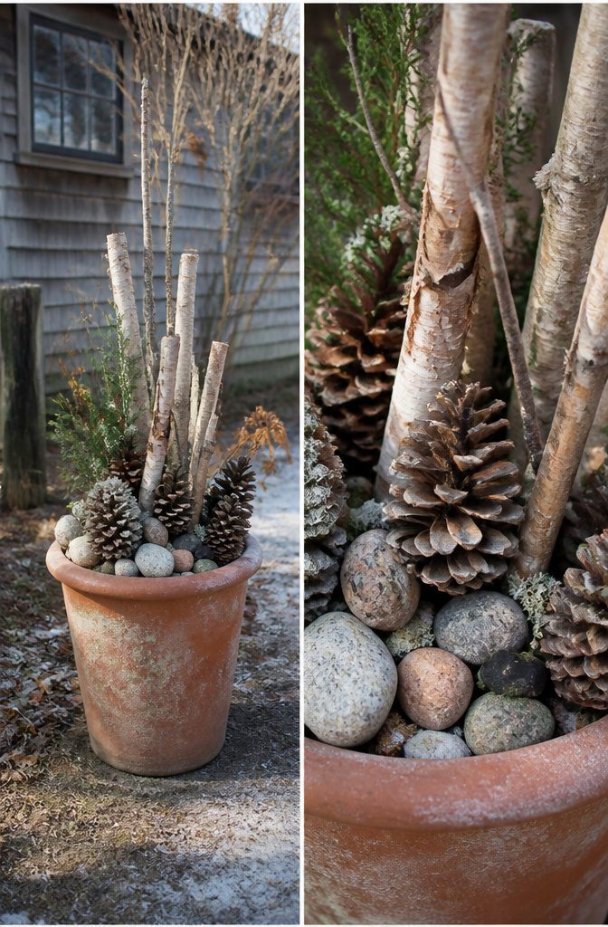 A collection of gathered materials from the yard for a winter container.